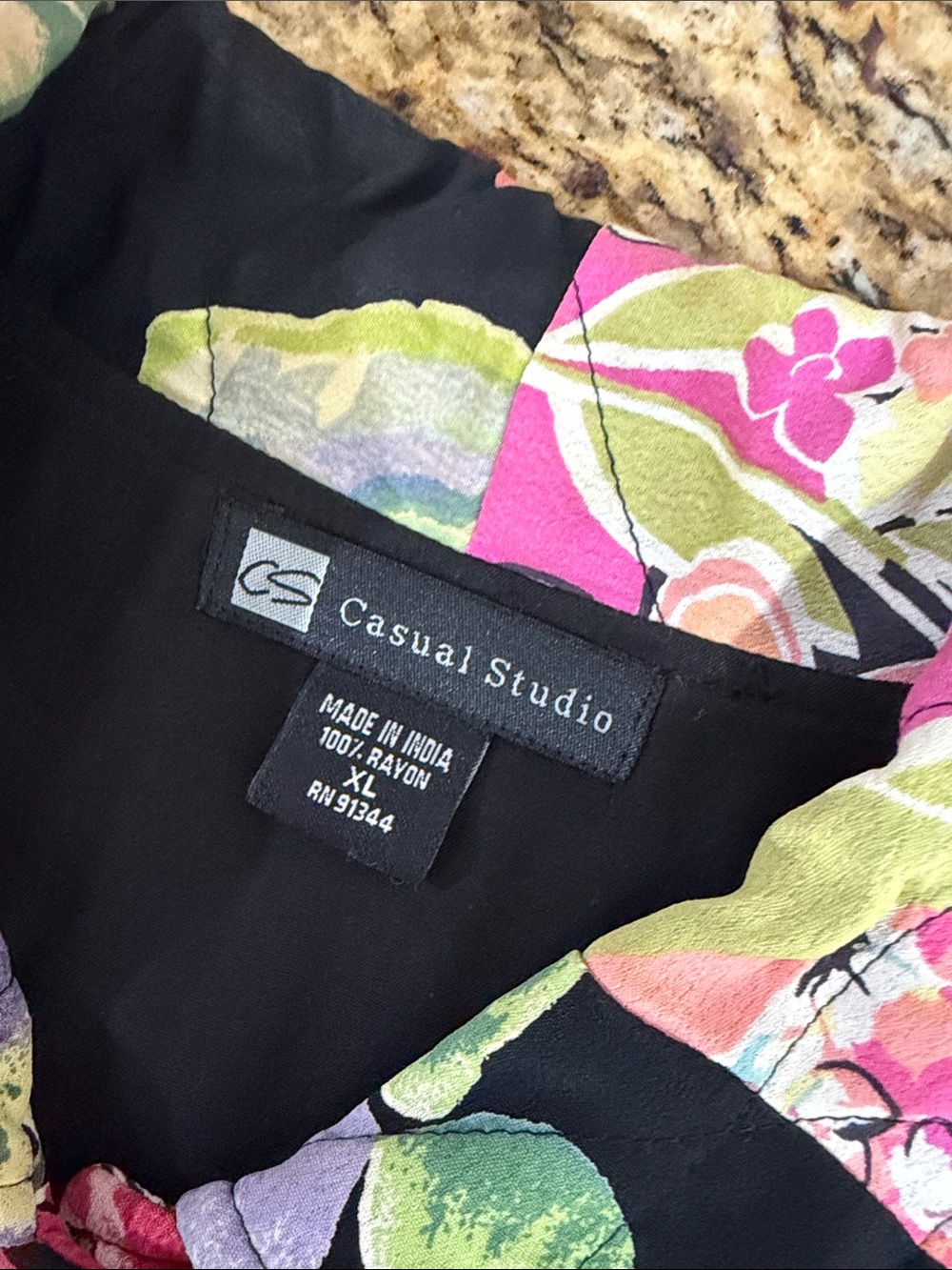 Casual Studio XL Rayon Patchwork Floral Black Button Front Jacket Shirt Vintage - Picture 5 of 8